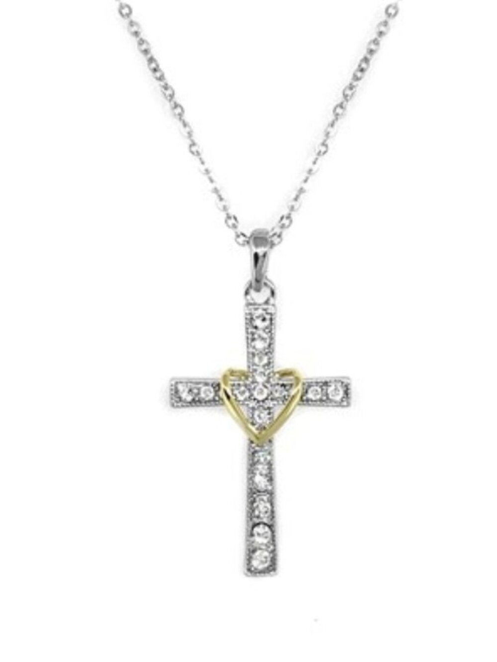 Sterling Silver Rhodium Plated Cross Gold Heart Swarovski Crystals Necklace